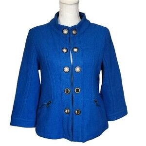 Tria Blazer Jacket Blue Wool with Brass Grommets Zippered Pockets Size M